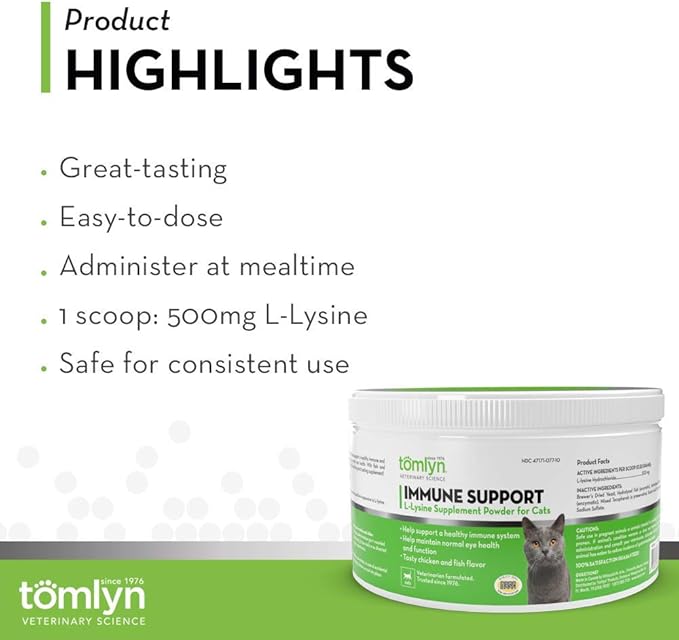 Tomlyn Immune Support Daily L-Lysine Supplement Fish-Flavored Lysine Powder for Cats and Kittens 4 Pack