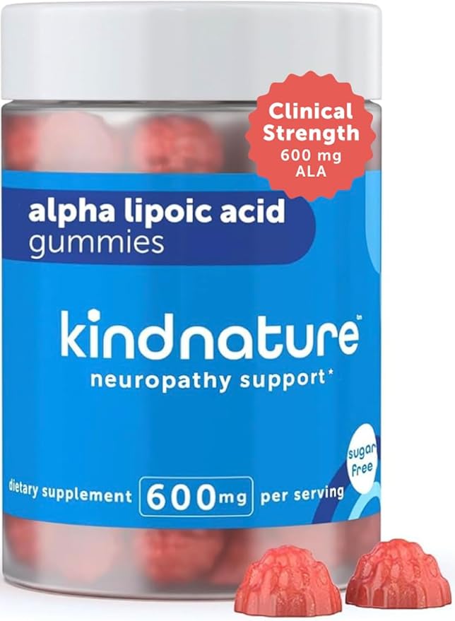 kindnature Alpha Lipoic Acid Gummies 600mg - Neuropathy Supplements - Vegan Sugar-Free Low Calorie 600 mg ALA Supplement - Pure ALA Alpha Lipoic Acid for Antioxidant Nutritional Supplements