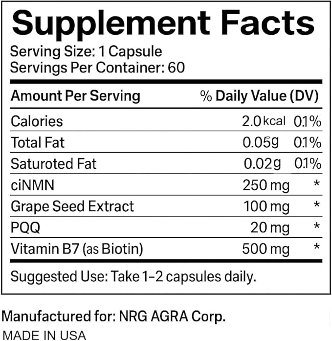 NAD NMN 250mg 60 Capsules - 30 Servings Gluten Free