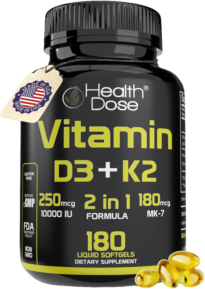Health Dose Vitamin D3 10000 IU + K2 (MK7) Supplement 2-in-1 Formula Immune Support a Healthy Mood Heart Joint Teeth Bone Health Calcium Absorption 180 softgels. (1)