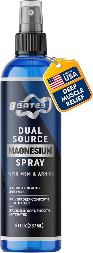 8 Gates Dual Source Magnesium Oil Spray for Pain Relief with MSM &amp Arnica – Deep Muscle Relief for Leg Cramps Sore Muscles &amp Feet – Dead Sea Magnesium Chloride Epsom Salt &amp Panthenol – 8