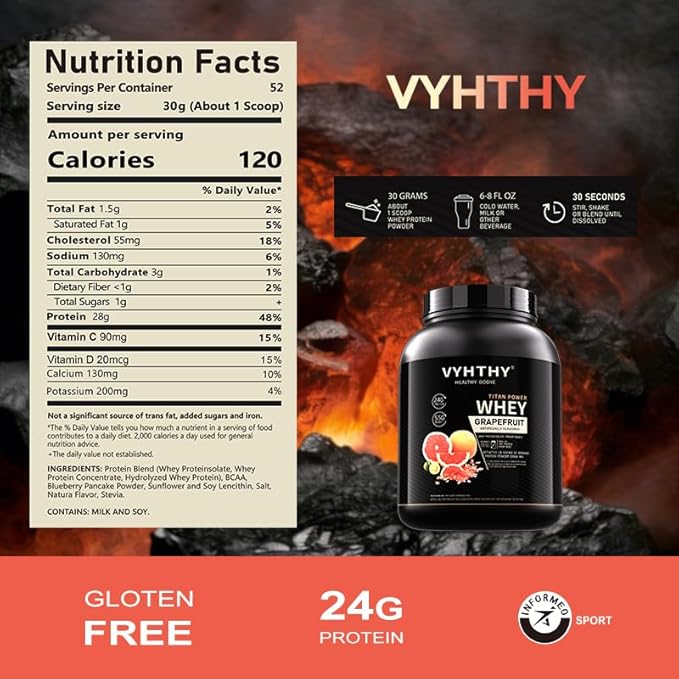 Grapefruit Flavored Whey Protein Powder24g Protein per Serving Fast-Absorbing Concentrated whey Protein Low Sugar Gluten-Free Natural Flavor3.5lbs(56oz)