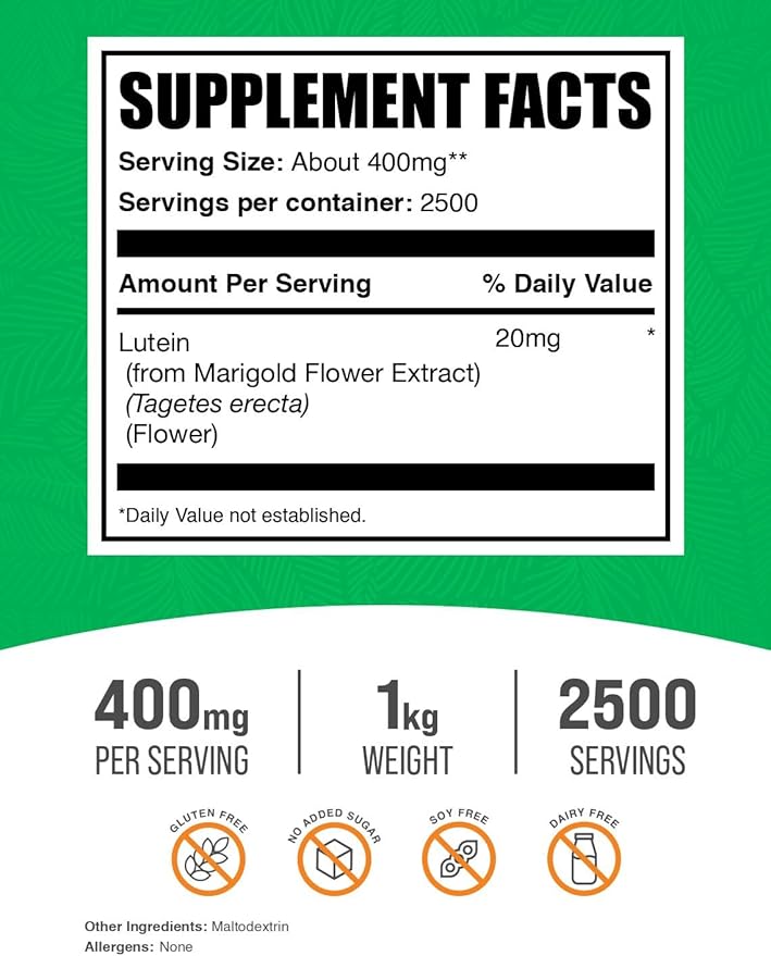 BulkSupplements.com Lutein Powder - from Marigold Flower Extract Eye Supplement Lutein 20mg - Antioxidant Source Gluten Free 400mg per Serving 1kg (2.2 lbs) (Pack of 1)