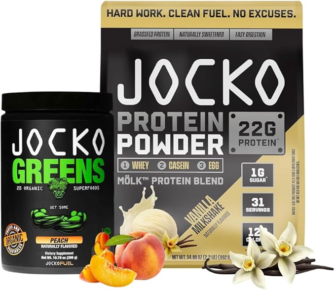Jocko Fuel Whey Protein Powder Vanilla Daily Greens Peach