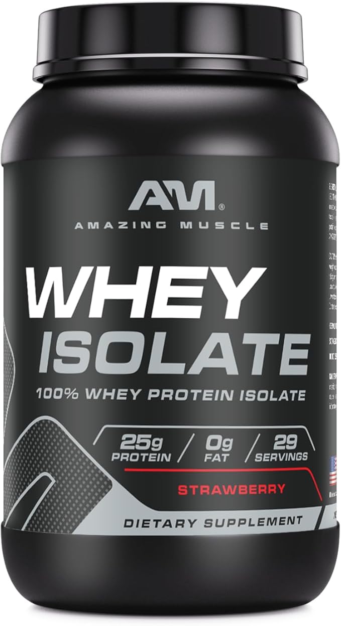 Amazing Muscle Whey Protein Isolate Powder | 25 Grams Protein Per Serving | 100% Whey Isolate | Zero Fat | Made in USA (Strawberry 2 LB)