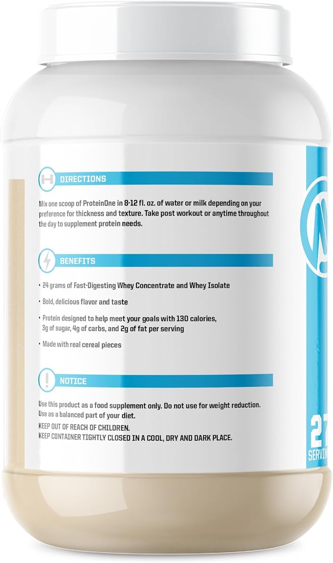 NutraOne ProteinOne Whey Protein Promote Recovery and Build Muscle with a Protein Shake Powder for Men &amp Women (Cinnamon Square Cereal- 2 lbs.)