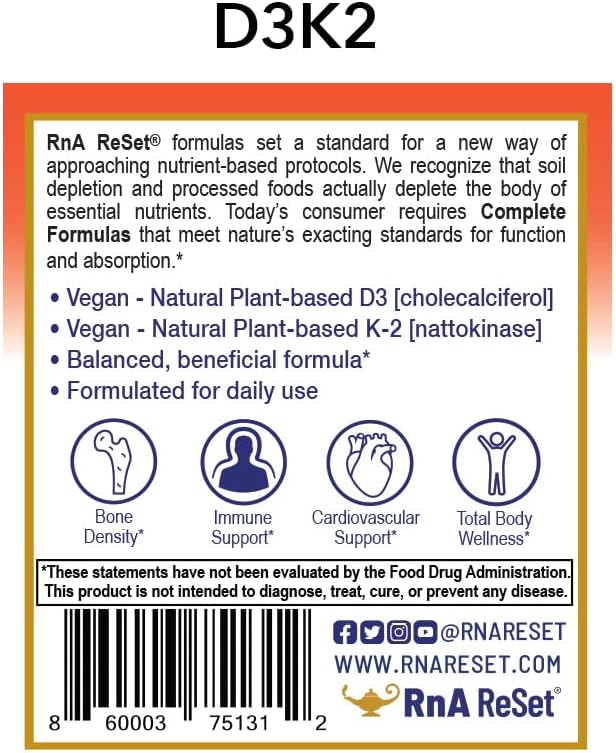 RnA ReSet D3K2 Reset – 4000 IU Vitamin D3 &amp 100 mcg K2 Supplement (60 Capsules) NSF Certified
