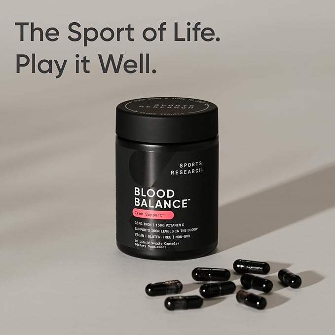 Sports Research® Blood Balance Iron Supplement - 36 MG Iron + Folate &amp Vitamin C for Absorption - Red Blood Cell Support for Women &amp Men* - Vegan Certified · Non-GMO · Gluten-Free - 90 Capsule