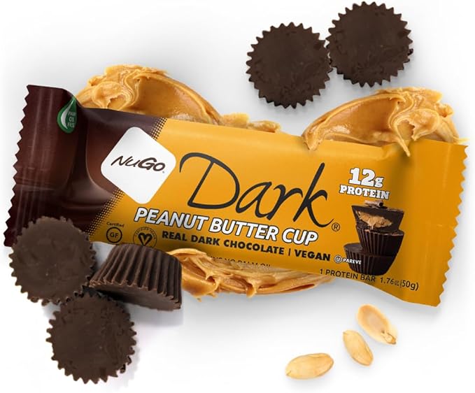 NuGo Dark Chocolate Peanut Butter Cup 12g Protein Bar Vegan Gluten Free Non-GMO Kosher Pareve 12 Count