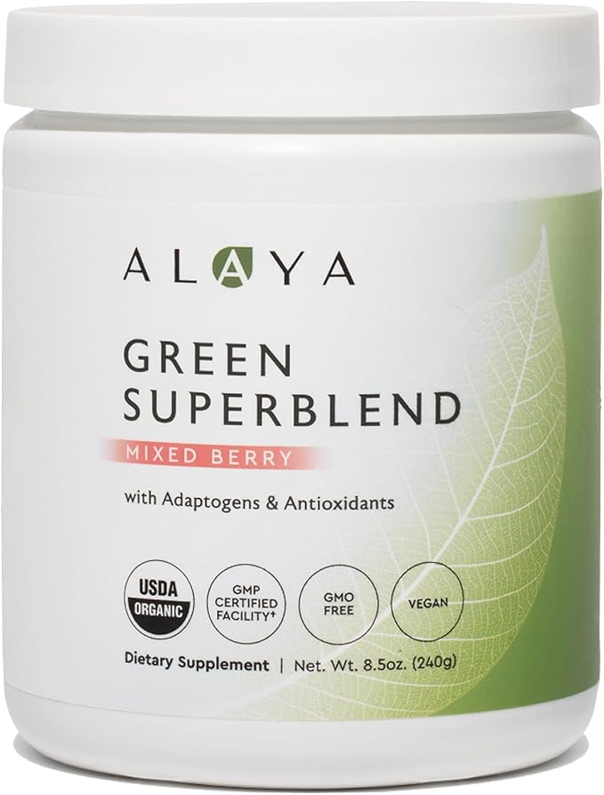 Alaya Organic Super Greens Powder – Superfood Blend with Spirulina Chlorella Probiotics Digestive Enzymes Adaptogens &amp Fiber – Vegan USDA Organic Non-GMO 30 Servings Mixed Berry
