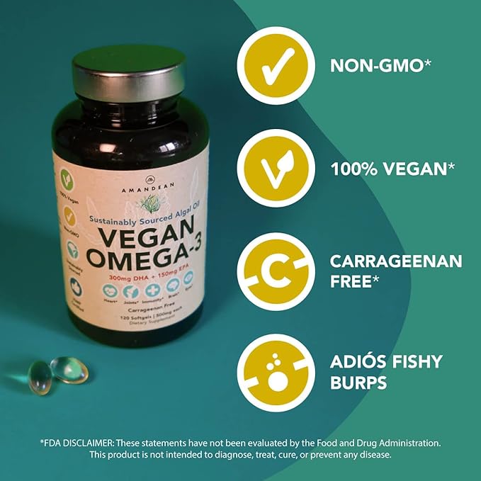 AMANDEAN Brain &amp Vegan Omega-3 Bundle: Magnesium Threonate USA-Grown Lion’s Mane 6:1 Alpha-GPC &amp Algae DHA/EPA. Plant-Based Essential fats for Brain Eye Heart &amp Skin Health. Fish Oil A