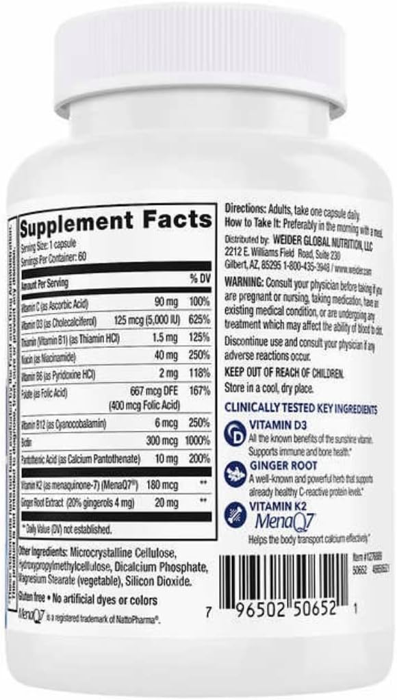 Artery Health for Heart Immune and Bone Support with Vitamin K2 (180mcg) &amp Vitamin D3 (5000iu) 60 Veggie Capsules