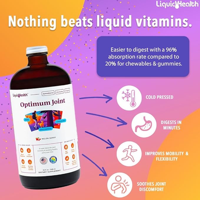 LIQUIDHEALTH Muscles Bones &amp Joints Liquid Vitamin Bundle with Daily Multi Mineral Optimum Joint Liquid Glucosamine and Calcium &amp Magnesium Supplements - Bone &amp Joint Health Energy Ve