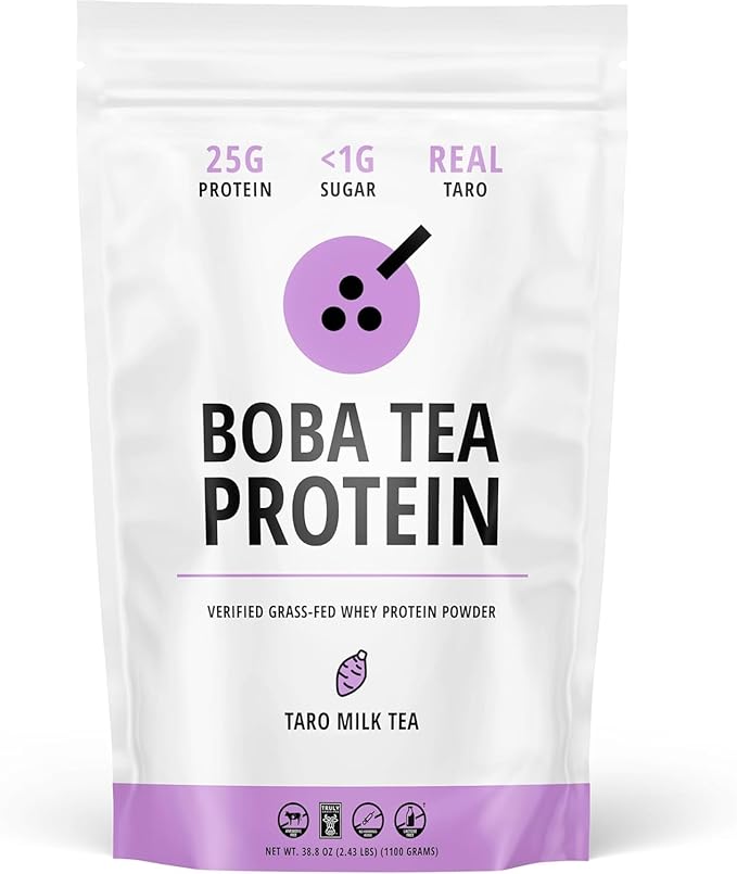 Boba Tea Protein Taro Milk | 25g Grass-Fed Whey Protein Isolate Powder | Gluten-Free &amp Soy-Free Bubble Tea Drink | Real Ingredients &amp Lactose-Free Protein Drink | 25 Servings