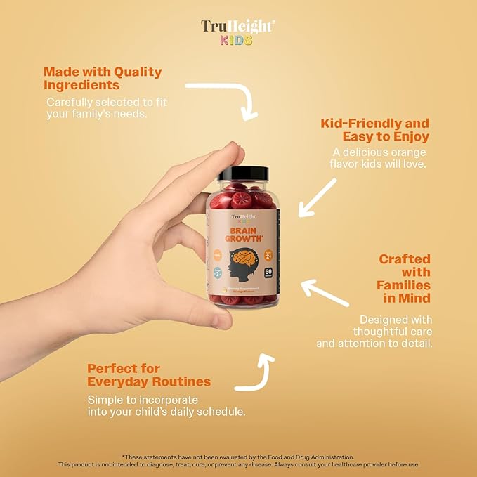 TruHeight Kids Brain Growth Gummies (Orange Ages 2+) All Natural Kids &amp Toddler Vitamins - Omega-3 DHA Multivitamin - Brain &amp Memory Supplements - Gluten Free Supplement Vitamin