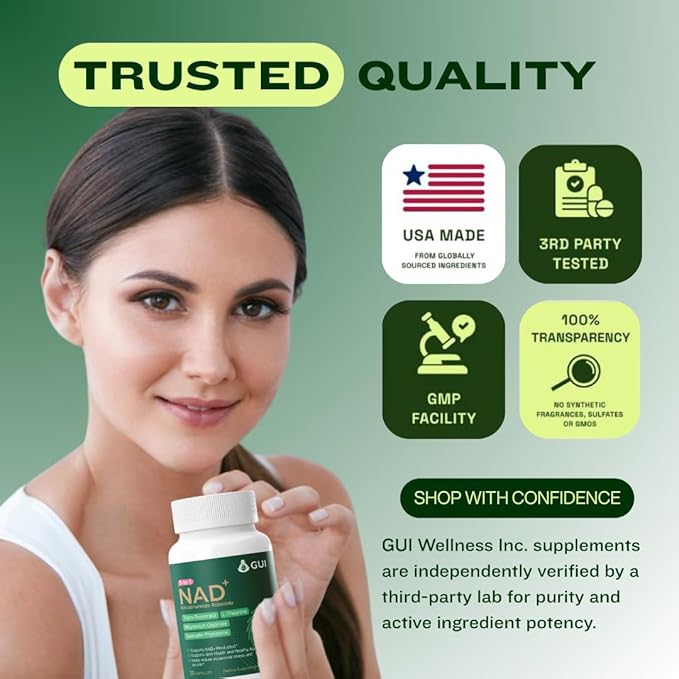 GUI 5-in-1 NAD+ Nicotinamide Riboside with Resveratrol L-Theanine Magnesium Glycinate &amp Quercetin Phytosome | Supplement for Supporting Energy Healthy Aging Mood &amp Sleep | 30 Capsules