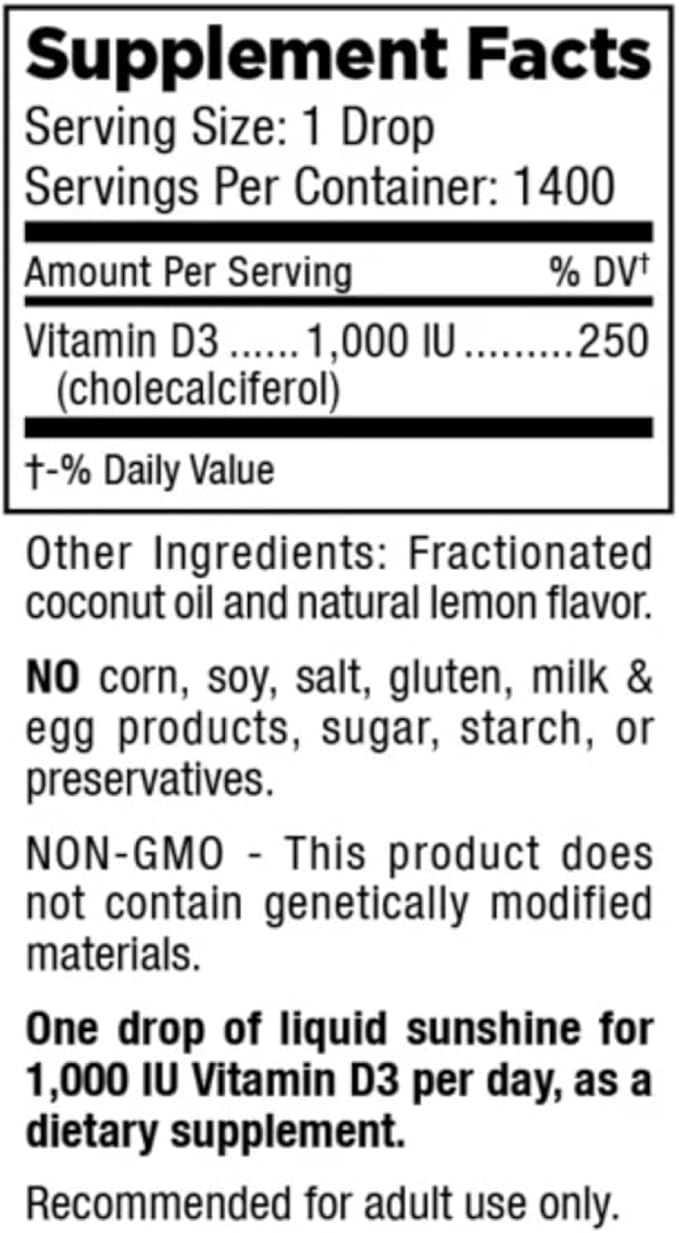 Mt. Angel Vitamins Everyday Liquid Sunshine - Liquid Vitamin D Drops - Easy-to-Use Vitamin D3 Drops with Natural Lemon Flavor (Non-GMO Vegan Soy-Free Gluten-Free) Made in The USA -1400 serv/Bottle