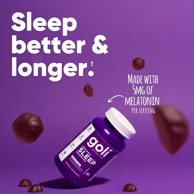 Goli Dreamy Sleep Gummy - 60 Count (Pack of 2) - Melatonin Vitamin D Magnesium and Lemon Balm Extract - Gelatin-Free Gluten-Free Vegan &amp Non-GMO