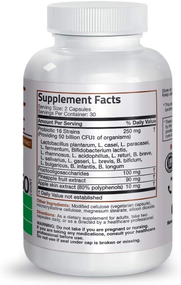 Bronson Probiotic 50 Billion CFU + Prebiotic with Apple Polyphenols &amp Pineapple Fruit Extract + Vitamin A 10000 IU Premium Non-GMO Formula