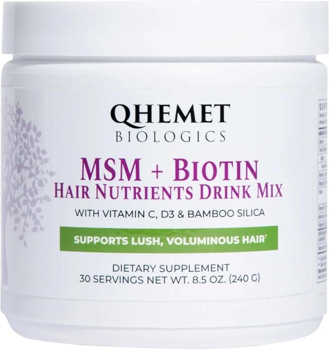 Qhemet Biologics MSM + Biotin Hair Nutrient Drink Mix - Vitamins Powder to Support Lush Volume - Bamboo Silica &amp Vitamins D3 + B12 for Hair Health - Jumpstart Your Hair Growth Journey (8.5 oz)