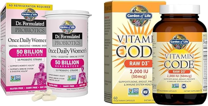 Garden of Life Women's Probiotics 50 Billion 16 Strains 30 Count and Vitamin D3 2000 IU Raw D3 60 Count