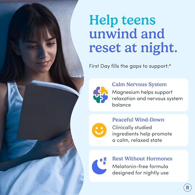 First Day Teens’ Nighttime Reset Calming Magnesium Gummies – Sleep Aid Supports Peaceful Rest Balanced Mood &amp Energy – Supplement with Magnesium Citrate Affron &amp No Melatonin – 60-Day Supply