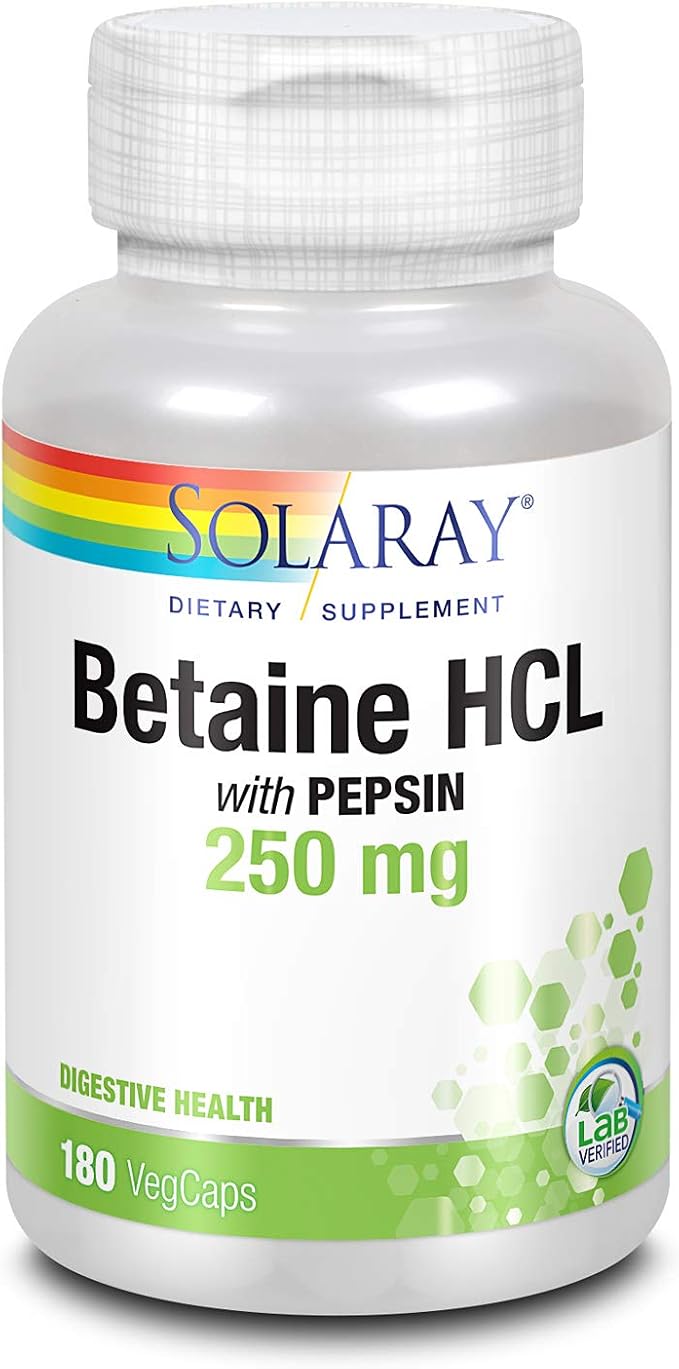 SOLARAY HCL with Pepsin - Digestive Support - 250 MG (180 Capsules)