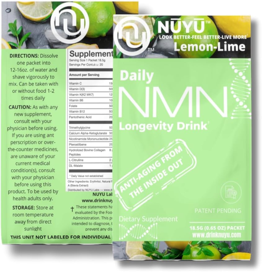 NUYU Labs Daily NMN Longevity Drink All-in-One Anti-Aging Supplement with Pterostilbene TMG Calcium AKG Collagen Peptides B Complex Vitamins B C D3 K2-MK7 (Lemon-Lime)