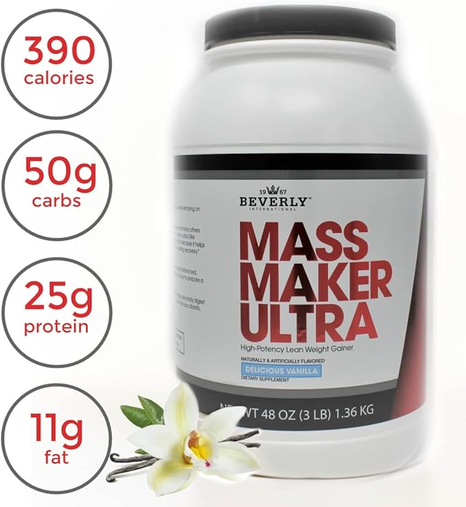 Beverly International Mass Maker Ultra Vanilla 14 Servings 3lb. Build Lean Mass Like a Pro. Milk Protein Isolate Whey Protein Isolate + Egg. MCT Oil. Clean Carbs Great Taste