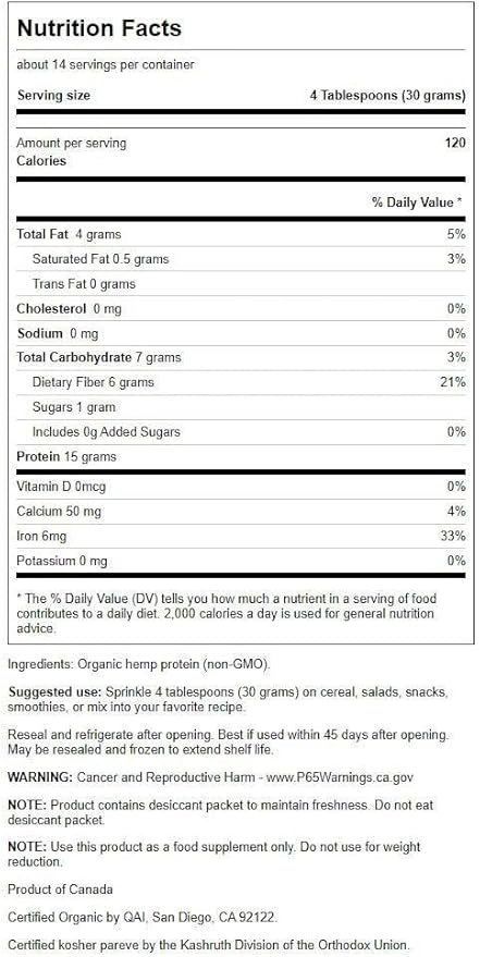 Swanson Certified Organic Hemp Protein 15 Ounce (425 g) Pwdr