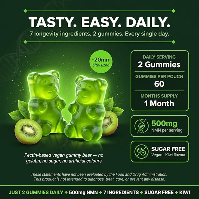 NMN 500mg + Trans-Resveratrol 200mg Kiwi Gummies with TMG Quercetin Piperine Vitamin D3 &amp B12 1480 mg Complex Cellular Health* Longevity* &amp Energy Support* 60 Vegan Gummies