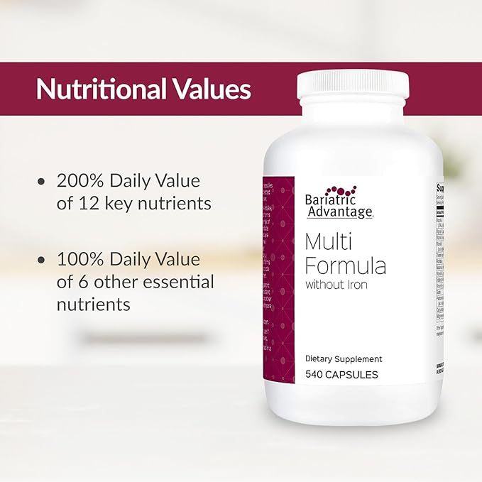 Bariatric Advantage Multi Formula Without Iron High Potency Daily Multivitamin for Bariatric Surgery Patients with 22 Essential Vitamins and Nutrients - 540 Capsules