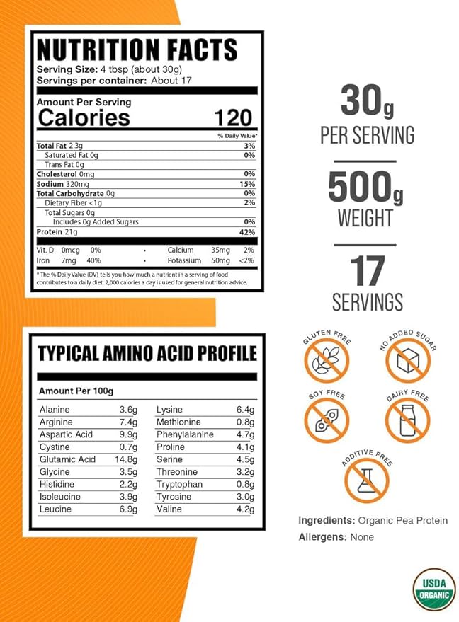 BulkSupplements.com Organic Pea Protein Powder - Plant Based &amp Vegan Protein Powder - Unflavored &amp Gluten Free 30g per Serving 500g (1.1 lbs) (Pack of 1)