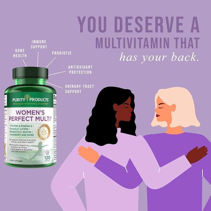 Purity Products Women’s Perfect Multi Balanced Multivitamin - Supports Urinary Tract Health Immune Bone + Muscle Hair Skin Nails an Elite Probiotic for Digestive Health + More - 120 Tablets