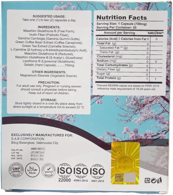 Lip THIONE Plus by Ishin Beauty: Liposomal Glutathione with Inulin Fiber and Garcinia Cambogia 30 Capsules