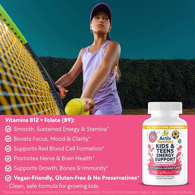 Kids &amp Teens Energy Support with Vitamin B12 + Folate (B9) - Supports Energy Production Brain Function &amp Metabolism - Gluten Free - Raspberry Flavor - Soft Chew 60 Gummies (60 Servings)