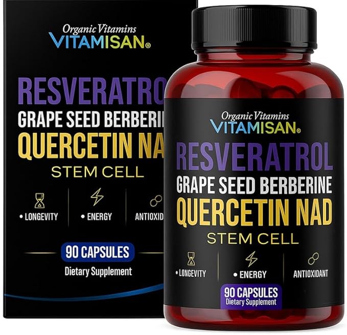 VITAMISAN Resveratrol NAD+ Quercetin Berberine &amp Grape Seed – Antioxidant Energy Formula – 2 Bottles (180 Capsules) Stem Cell Suplement NMN Nicotinamide Riboside – Made in USA
