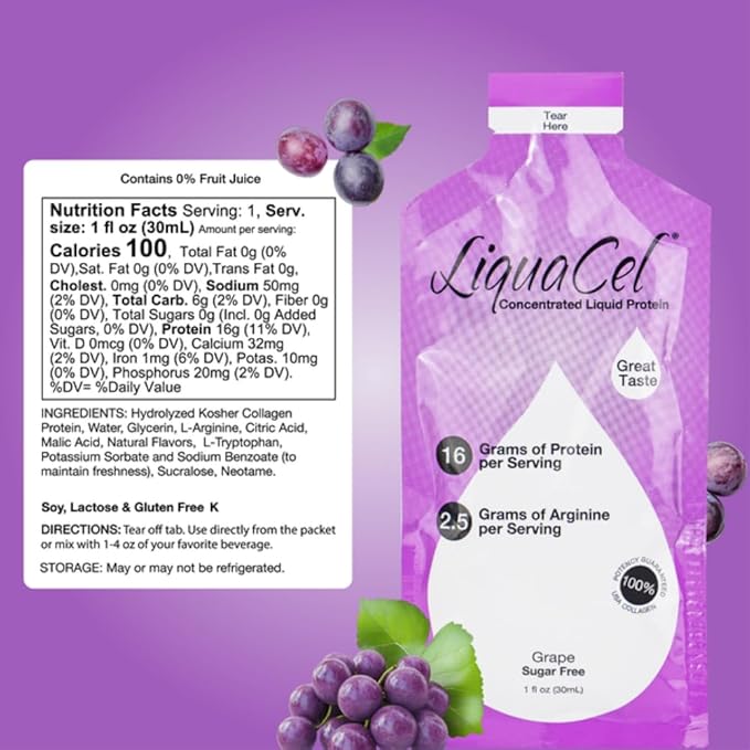 LiquaCel Concentrated Liquid Protein Grape Flavor 16g Hydrolyzed Collagen Protein and 2.5g Arginine Per Single-Serving Packet Sugar &amp Gluten Free 1fl oz Packets 10 Pack