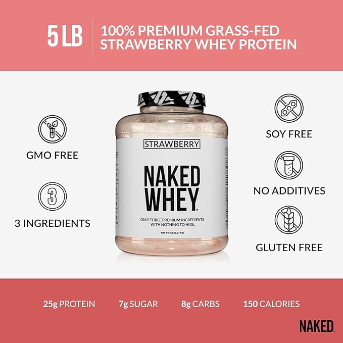 NAKED Strawberry Whey Protein Powder 5LB (61 Servings) + Pure Micronized Creatine Monohydrate 500g (100 Servings) – Bulk Grass-Fed Non-GMO Gluten Free Soy Free