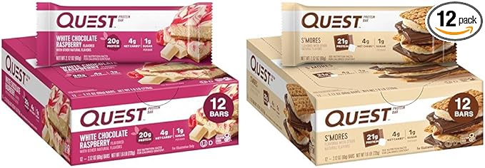 Quest Nutrition White Chocolate Raspberry Protein Bars High Protein Low Carb Gluten Free Keto Friendly 12 Count &amp S'mores Protein Bar High Protein Low Carb Gluten Free Keto Friendly 12 C