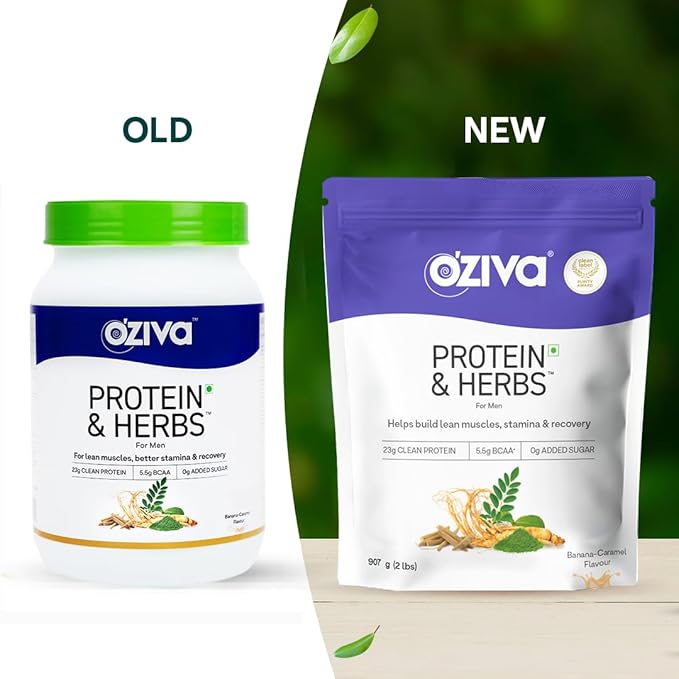 OZIVA Protein &amp Herbs for Men Banana Caramel Protein Powder for Men for Muscle Building Recovery and Better Stamina (with 23G Whey Protein + 15 Multivitamin for Men) Certified Clean 1Kg