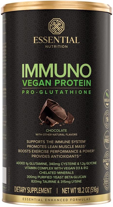 Essential Nutrition - Immuno Vegan - Plant-Based Protein Powder 16g Protein Per Serving Added Amino Acids &amp Multivitamin - Beta Glucan Glutathione Production - Chocolate - 18.2oz