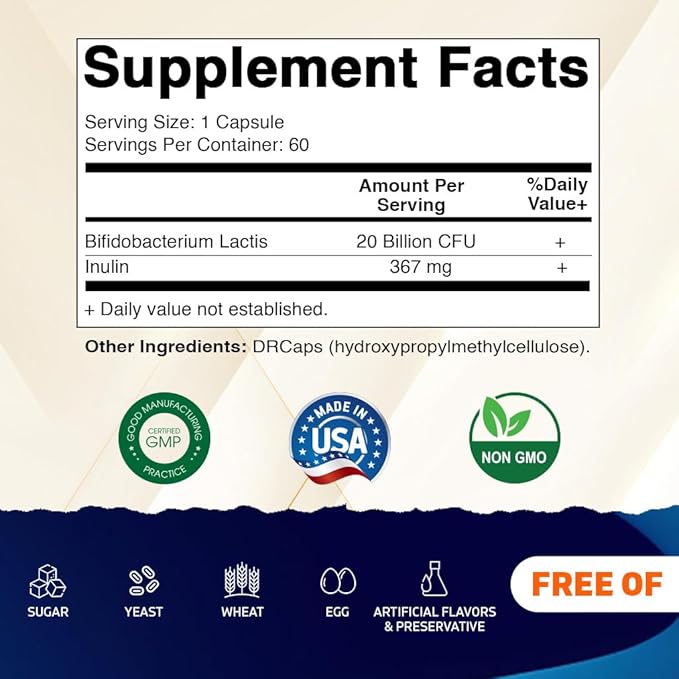 Vitamatic Bifidobacterium lactis - 20 Billion per DR Capsule - 60 Count - Digestive Support - Made with Prebiotic Inulin Fiber - 2 Pack (120 Count)