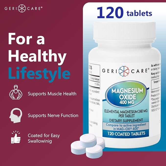GeriCare Magnesium Oxide Supplement 240 mg - Elemental Magnesium 120 Coated Tablets – Essential Mineral Support - Promotes Vascular Health Bone Strength and Muscle Function (Pack of 6)