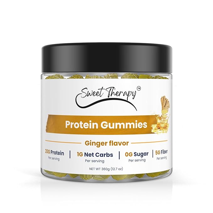 120 Sugar Free Protein Ginger Gummies with 1g per gummy &amp High Fiber | High Protein Snacks| Healthy Snacks for Adults| Plant Based | Fiber Gummies for Adults| Low carb 1g Net Carb Stevia Natural