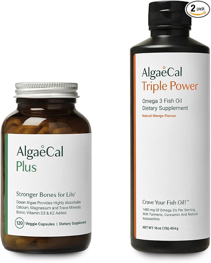 AlgaeCal Bundle - All Natural Calcium Supplement VIT D3 &amp K2 Magnesium Boron and Trace Minerals &amp Triple Power Omega-3 Fish Oil Natural Liquid Emulsion with EPA DHA Curcumin Astaxanthin
