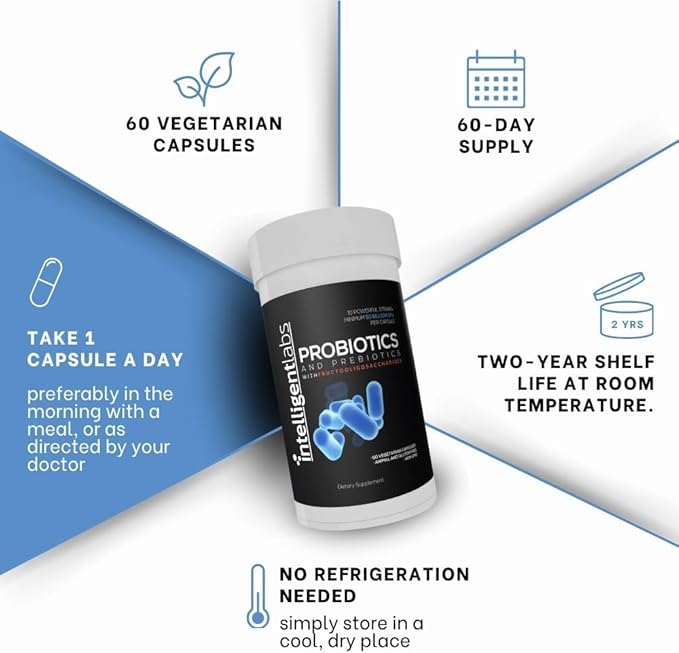 Intelligent Labs Probiotic 50 Billion CFU with Prebiotics PHGG &amp FOS No Refrigeration Needed Once Daily 10x Effectiveness 60-Day Supply Third-Party Verified