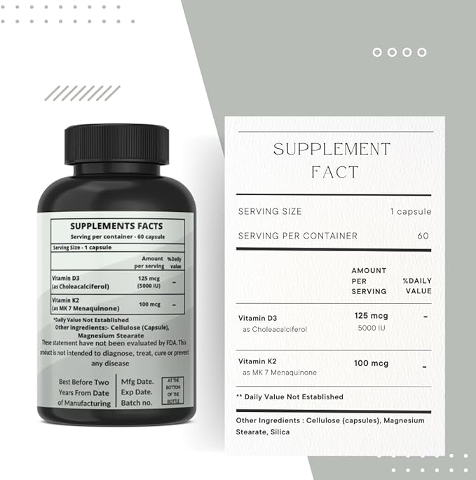 Vitamin K2 (MK7) with D3 Extra Strength Supplement Non-GMO Formula 5000IU (125 mcg) Vitamin D3 &amp 90 mcg Vitamin K2 MK-7 Easy to Swallow Vitamin D &amp K Complex (120 Capsules)