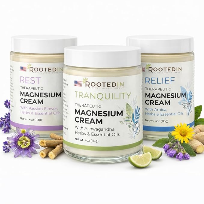 Rooted In Starter Set Includes Tranquility Rest &amp Relief Magnesium Cream - Infused with 500mg Pure Magnesium Herbs &amp Essential Oils - Non Greasy Perfect Self-Care Gifts for Adults &amp Kid