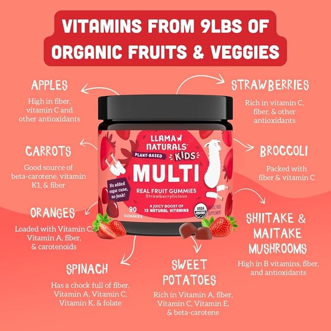 Llama Naturals Kids Multivitamin Gummies | Real Fruit No Added Sugar Cane | Organic Vegan Toddler Whole Food Vitamins | Vitamin D C &amp Beta Carotene Gummy Supplement | Strawberry 180 Ct (2-3 Mont